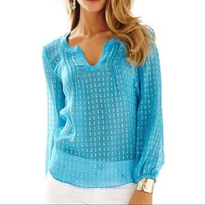 Lilly Pulitzer Colby Top Ariel Blue Crinkle Silk